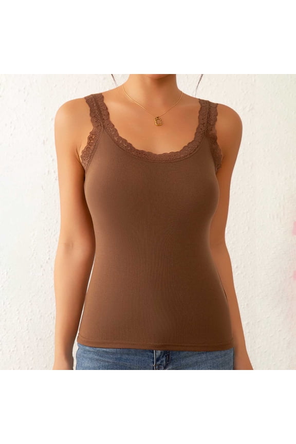 Women's Lace Hem Cami Tank Top, Round Neck Long Sleeveless Cami Top,Brown,M