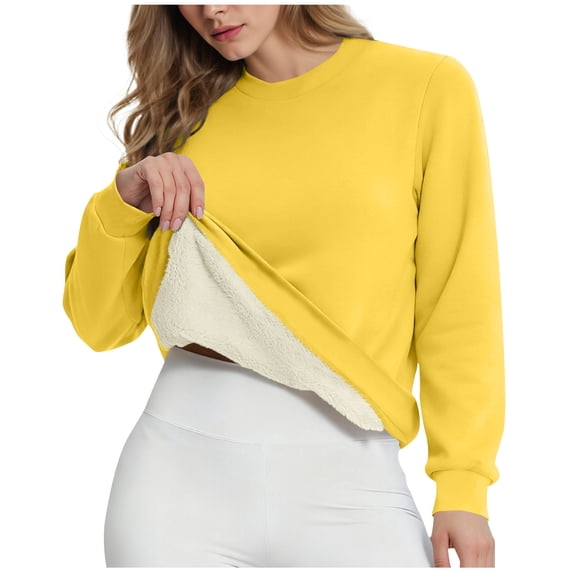 Felirenzacia Women's Lemon Yellow Fleece Lined Sweatshirt, Classic Basic Layered Undershirt, Sherpa Fleece Fuzzy Tops, Size: S-3XL