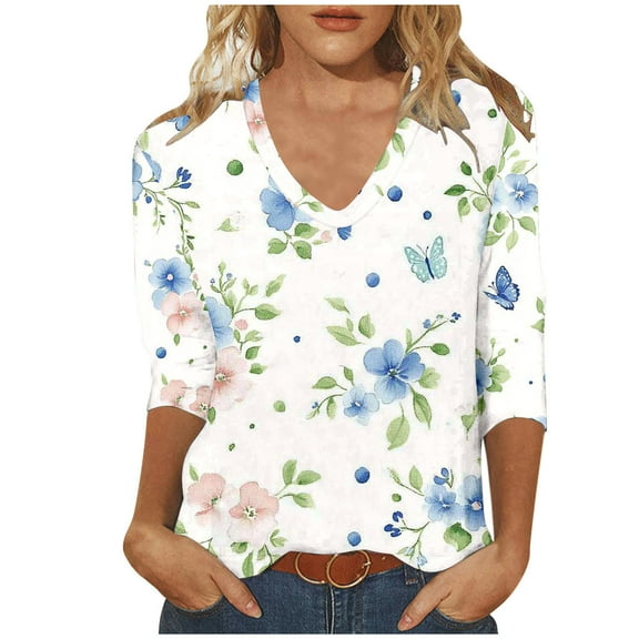 Felirenzacia Women’s Light Blue Blouse, Magnolia Botanical Print, V-Neck, Three-Quarter Sleeve Casual Top