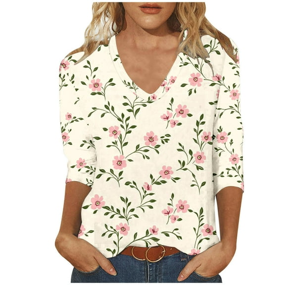Felirenzacia Women’s Light Blue Blouse, V-Neck, Three-Quarter Sleeve Top with Pink, Purple and Yellow Floral Print