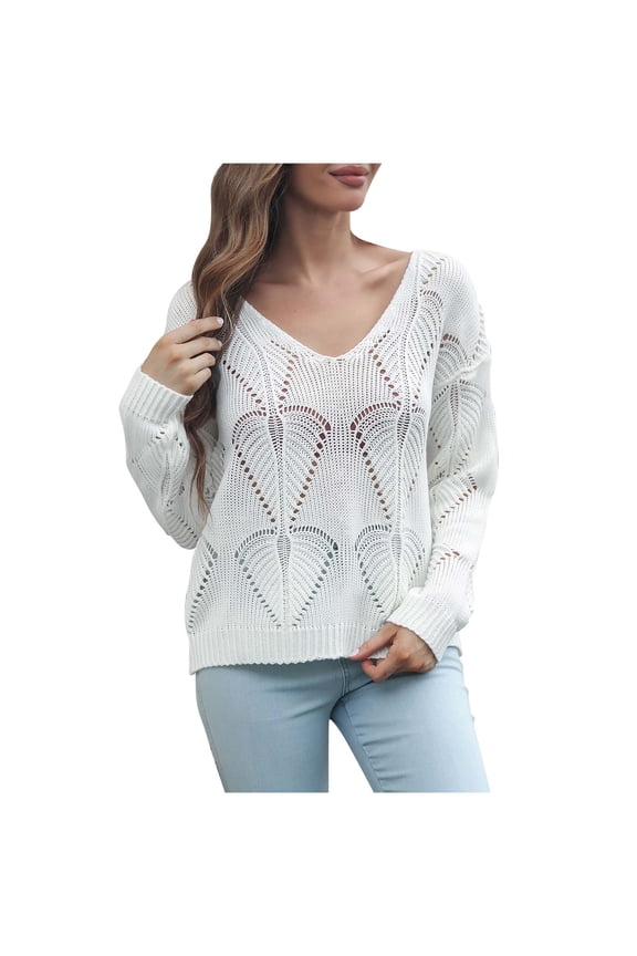 Women's Lightweight Jumpers, Open Knit V Neck Sweater, Long Sleeve Knit Pullover