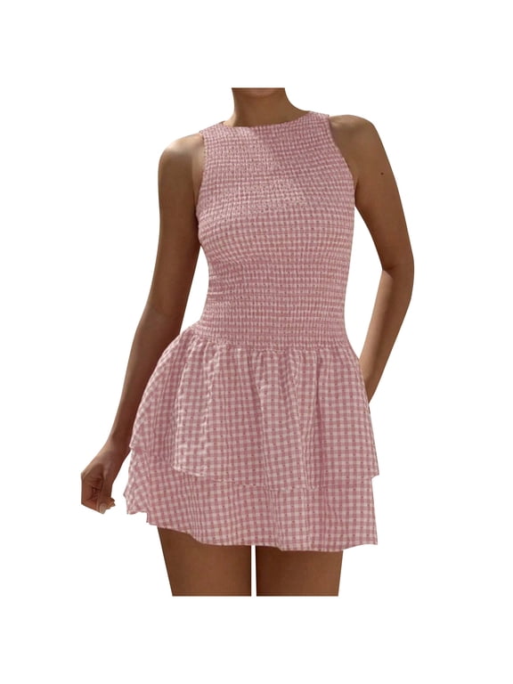 Women's A Line Gingham Dress Boat Neck Mini Checkered Elegant Dresses Cute Tiered Ruffle Hem Smocked Plaid Vacation Short Tank Dresses,Pink,XXL