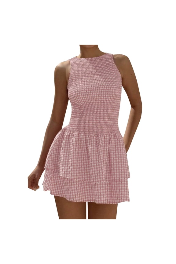 Women's A Line Gingham Dress Boat Neck Mini Checkered Elegant Dresses Cute Tiered Ruffle Hem Smocked Plaid Vacation Short Tank Dresses,Pink,M