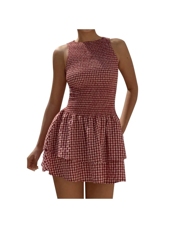 Women's A Line Gingham Dress Boat Neck Mini Checkered Elegant Dresses Cute Tiered Ruffle Hem Smocked Plaid Vacation Short Tank Dresses,Red,S