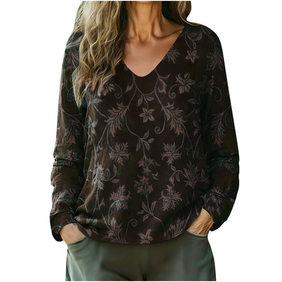 Felirenzacia Women's Linen Blend V Neck Bohemian Print Top, Fall Layered Pullover Tops, Long Sleeve Black Boho Sweatshirt, S-3XL
