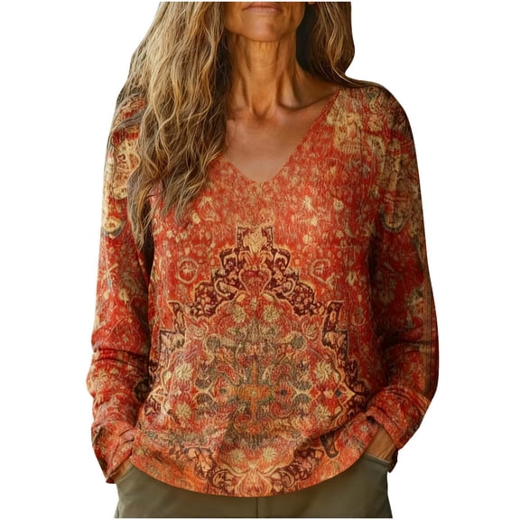 Felirenzacia Women's Linen Blend V Neck Bohemian Print Top, Long Sleeve Orange Boho Sweatshirt, Fall Layered Pullover Tops, S-3XL