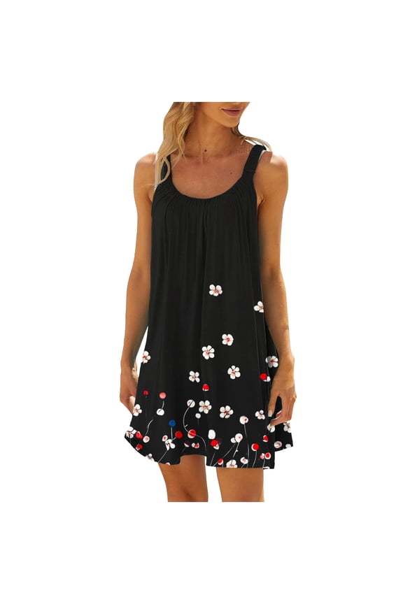 Women's Little Black Dress, Sleeveless Scoop Neck Disty Flowy Short Mini Sundress for Beach,Black,S