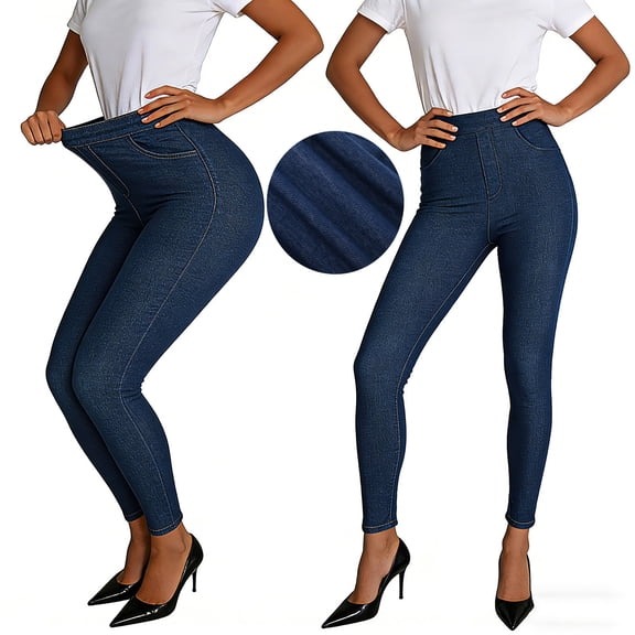 Felirenzacia Women's Long 4 Way Stretch Jeggings, High Waist Tummy Control Skinny Fit Jeans with Pockets, Dark Blue Denim Pants,M