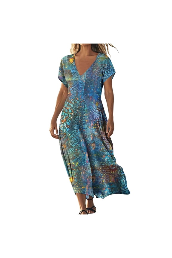 Women's Long Boho Dress, Casual Comfort Bohemian Flowy Hide Belly Dress, Short Sleeves Fancy Deep V Neck Dress