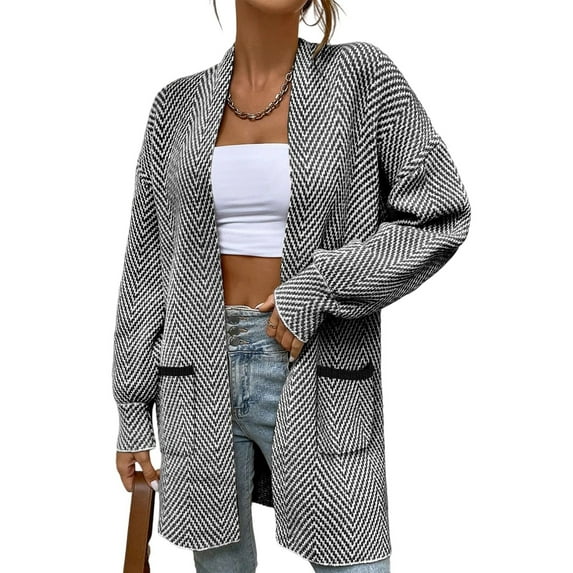 Felirenzacia Women’s Long Herringbone Pattern Knit Cardigan, Open Front Lightweight Sweater with Pockets