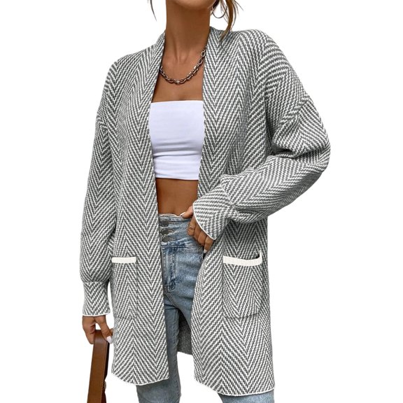 Felirenzacia Women’s Long Herringbone Pattern Knit Cardigan, Open Front Lightweight Sweater with Pockets
