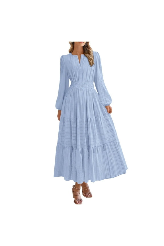 Women’s Long Sleeve Maxi Dress, V Neck Tiered A Line Dress with Puff Sleeves, Light Blue Elegant Flowy Ankle Length Work Casual Dress