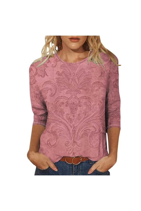 Women’s Long Sleeve Round Neck Teal Embossed Floral Pattern Shirt, Casual Fit, Everyday Wear