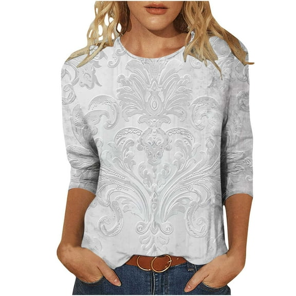 Felirenzacia Women’s Long Sleeve Round Neck Teal Embossed Floral Pattern Shirt, Casual Fit, Everyday Wear