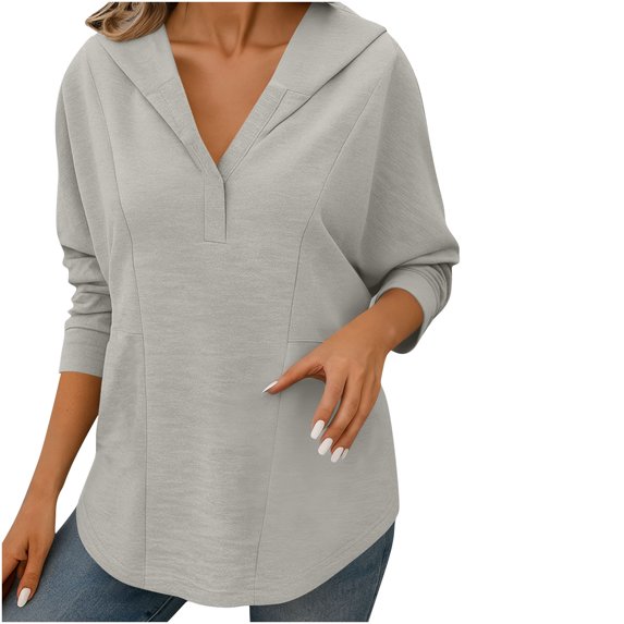 Felirenzacia Women's Long Sleeve Solid Color Hoodie, V Neck Pullover Top, Slim Fit Fall Sweatshirt, S-3XL