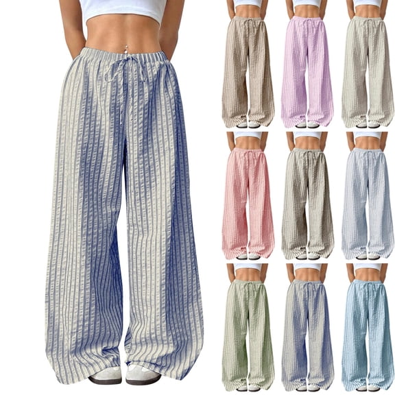 Felirenzacia Women's Loose Lightweight Comfy Striped Pajama Pants, Mid Waist Casual Lounge Pants, Blue,XL