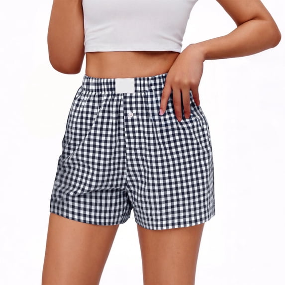 Felirenzacia Women's Lounge Shorts Cute Soft Elastic Low Waist Plaid Print Button Front Pajama Bottoms Boxer Shorts Sleepwear Navy,3XL