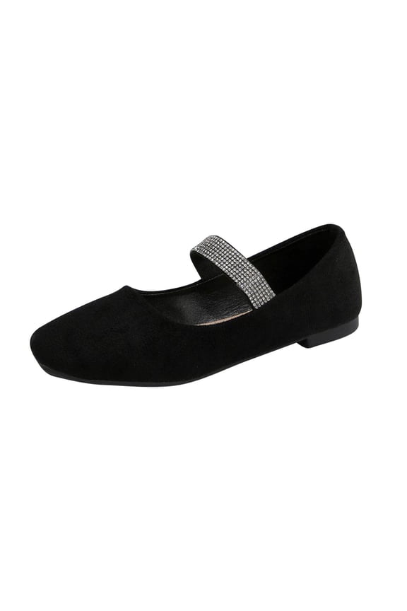 Women’s Mary Jane Ballet Flats Shoes, Faux Suede Dress Shoes, Rhinestone Strap Square Toe Flats Casual Business Shoes for Women