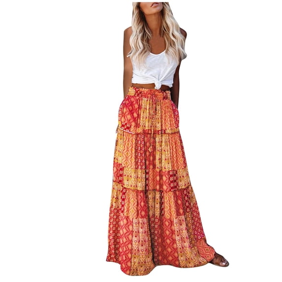 Felirenzacia Women's Maxi Boho Skirt with Pockets, Flowy Long Dress with Drawstring Elastic Waist, Summer Fall Vacation Wear
