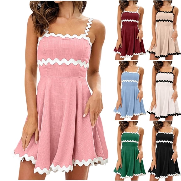 Felirenzacia Women's Mid Wide Strap A Line Cinched Waist Dress, 2026 Spring Summer Fashion Short Dress, Pink,S