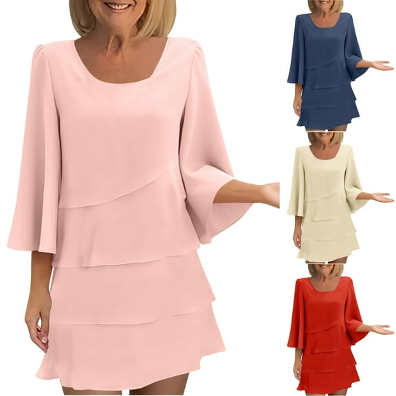 Felirenzacia Women's Midi Dress， 3/4 Bell Sleeve Crewneck Tiered Layered Flowy Dress Party Wedding Outfits