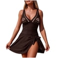 thumbnail image 1 of Felirenzacia Women's Modest One Piece Swimsuit, Full Coverage Slimming Tummy Control Bathing Suit, V Neck Ruffled Cutout Swim Dress,Coffee,M, 1 of 5