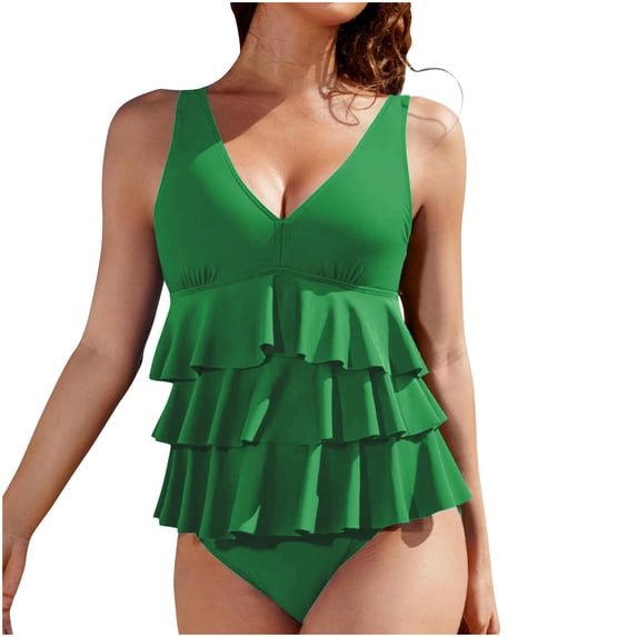 Felirenzacia Women's Modest Ruffled One Piece Swim Dress, Full Coverage V Neck 3 Layered Ruffle Hide Belly Solid Bathing Suit Swimsuit,Green,L