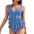 thumbnail image 1 of Felirenzacia Women's Modest Ruffled One Piece Swim Dress, Full Coverage V Neck 3 Layered Ruffle Hide Belly Solid Bathing Suit Swimsuit,Light Blue,L, 1 of 6