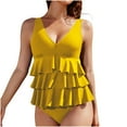 thumbnail image 1 of Felirenzacia Women's Modest Ruffled One Piece Swim Dress, Full Coverage V Neck 3 Layered Ruffle Hide Belly Solid Bathing Suit Swimsuit,Yellow,M, 1 of 6