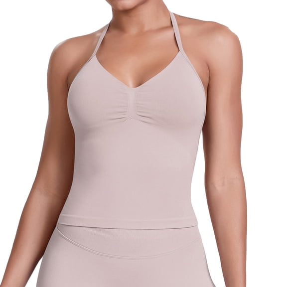 Felirenzacia Women's Moist Wicking Halter Neck Camisoles, Pleates Front Heart Neckline Athletic Cropped Tank Top, XS-2XL ,Pink,XS