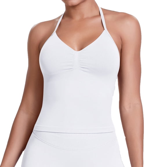 Felirenzacia Women's Moist Wicking Halter Neck Camisoles, Pleates Front Heart Neckline Athletic Cropped Tank Top, XS-2XL ,White,2XL