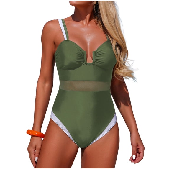 Felirenzacia Women's One Piece Swimsuit, Athletic Slimming Color Block Racerback Tummy Control Push Up Bathing Suit,Army Green,L