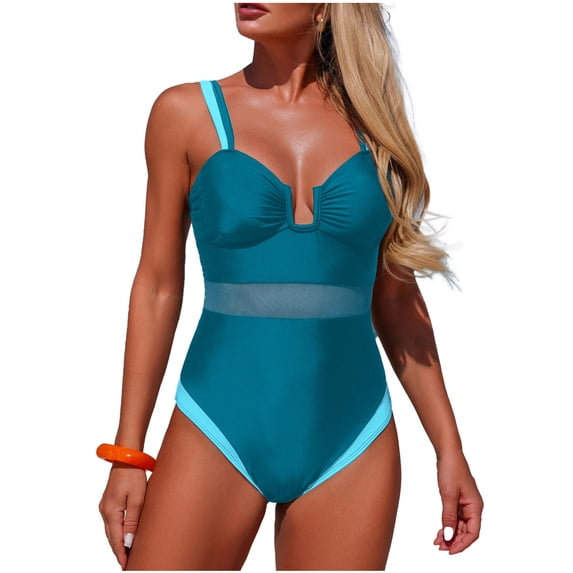 Felirenzacia Women's One Piece Swimsuit, Athletic Slimming Color Block Racerback Tummy Control Push Up Bathing Suit,Blue,M