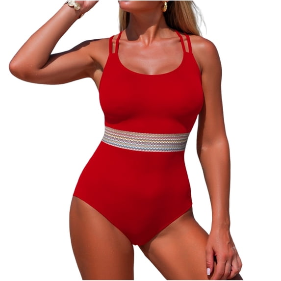 Felirenzacia Women's One Piece Swimsuit, Full Coverage Slimming Tummy Control Bathing Suit with Rainbow Waistband,Red,2XL