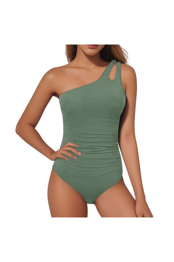 Women's One Shoulder One Piece Swimsuit, Cutout Solid Slimming Tummy Control Bath Suit,Green,S
