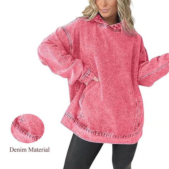 Felirenzacia Women’s Oversized Washed Denim Sweatshirt Long Sleeve Crewneck Pullover Casual Loose Fit Tops with Pocket, Vintage Style Tunic Hoodie, Size: S-2XL