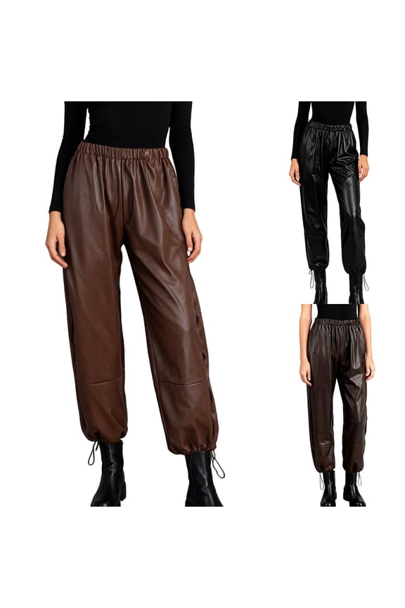 Women's PU Leather Long Pants, Casual Drawstring Cuffed Harem Pants Loose Fit Pants, Coffee,S