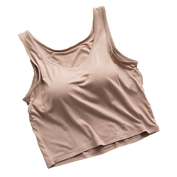 Felirenzacia Women's Padded Cotton Cropped Tank Top, No Boundaries Casual Solid Round Neck Wide Srap Short Tank,Brown,M