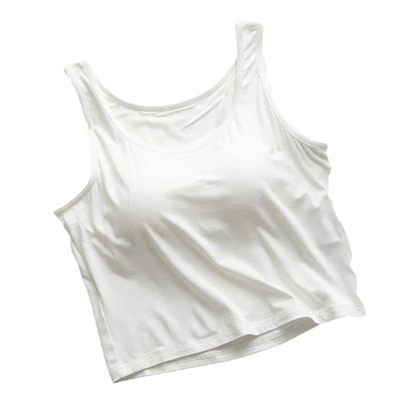 Felirenzacia Women's Padded Cotton Cropped Tank Top, No Boundaries Casual Solid Round Neck Wide Srap Short Tank,White,M