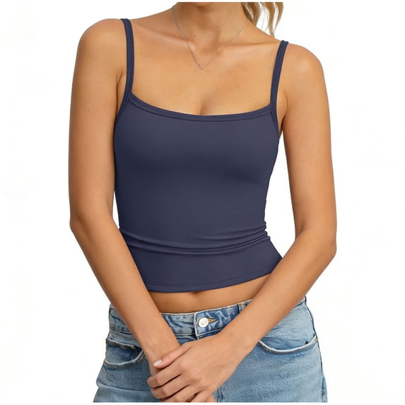 Felirenzacia Women's Padded Tank, Basic Double Lined Square Neck Tank Tops Adjustable Cami Tank Summer Sleeveless Tops,Navy,M