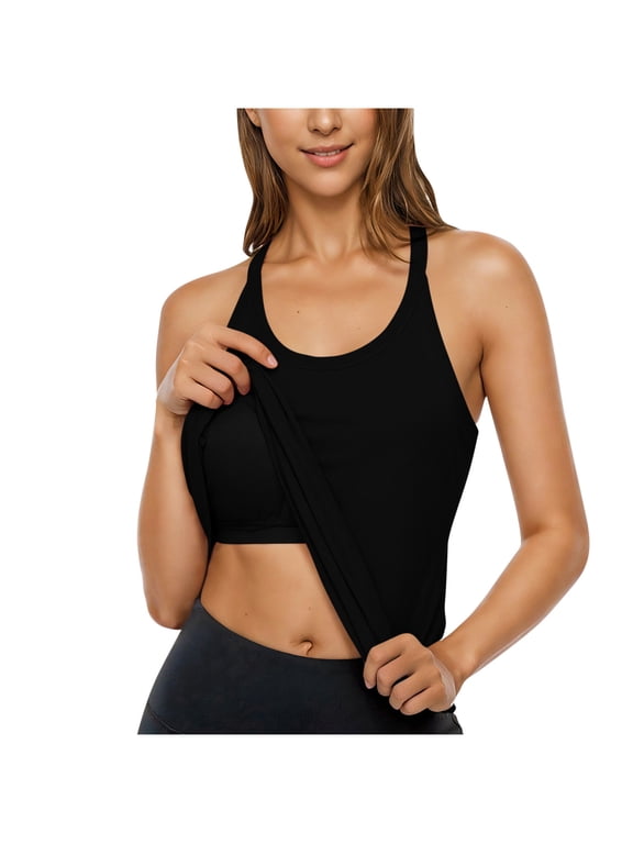 Women's Padded Tank with Built in Bra, Racer Back Cami Top,Black,M