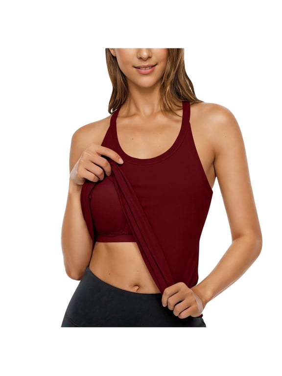 Women's Padded Tank with Built in Bra, Racer Back Cami Top,Wine,XL