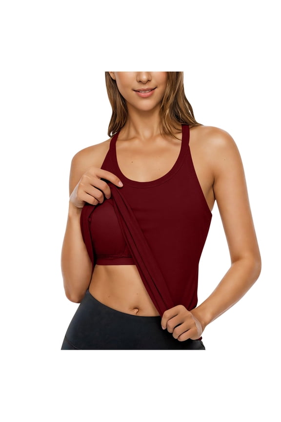 Women's Padded Tank with Built in Bra, Racer Back Cami Top,Wine,XL