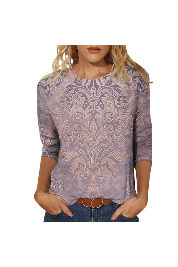 Women’s Patterned Top, Three-Quarter Sleeve, Round Neck Blouse with Brown and Gray Baroque Style Design