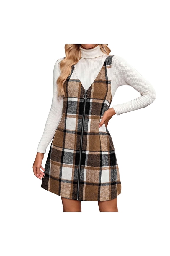 Women's Plaid Overall Dress Zip Front V Neck Sleeveless Knit Jumper Dresses Pinafore Dress,Brown,L