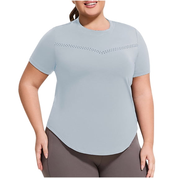 Felirenzacia Women's Plus Size V Neck Workout Shirts Short Sleeve Moisture Wicking Yoga T-Shirts Quick Dry Athletic Tops Soft Solid Basic Tee UPF 50+ Sun Protection Light Blue,4XL