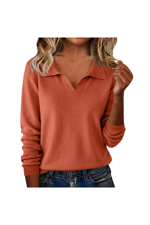 Women's Pullover Tops, Casual Loose Long Sleeve V Neck Lapel Collar Soft Knit Sweater Sweatshirts, S-3XL