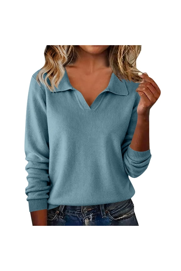 Women's Pullover Tops, Casual Loose Long Sleeve V Neck Lapel Collar Soft Knit Sweater Sweatshirts, S-3XL