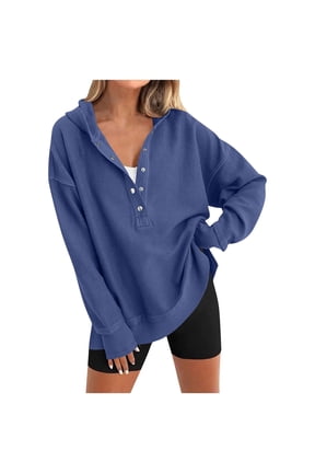 Women's Quarter Snap Button Front Crew Neck Hoodie, Ribbed Knitted Pullover Sweatshirt, Navy, S