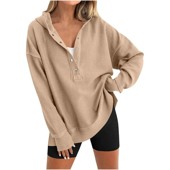 Felirenzacia Women's Quarter Snap Button Front Crew Neck Hoodie, No Boundaries Ribbed Knitted Pullover Sweatshirt, Khaki,M